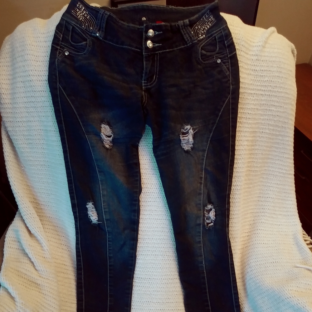 Embellished Mock Ripped Jeans